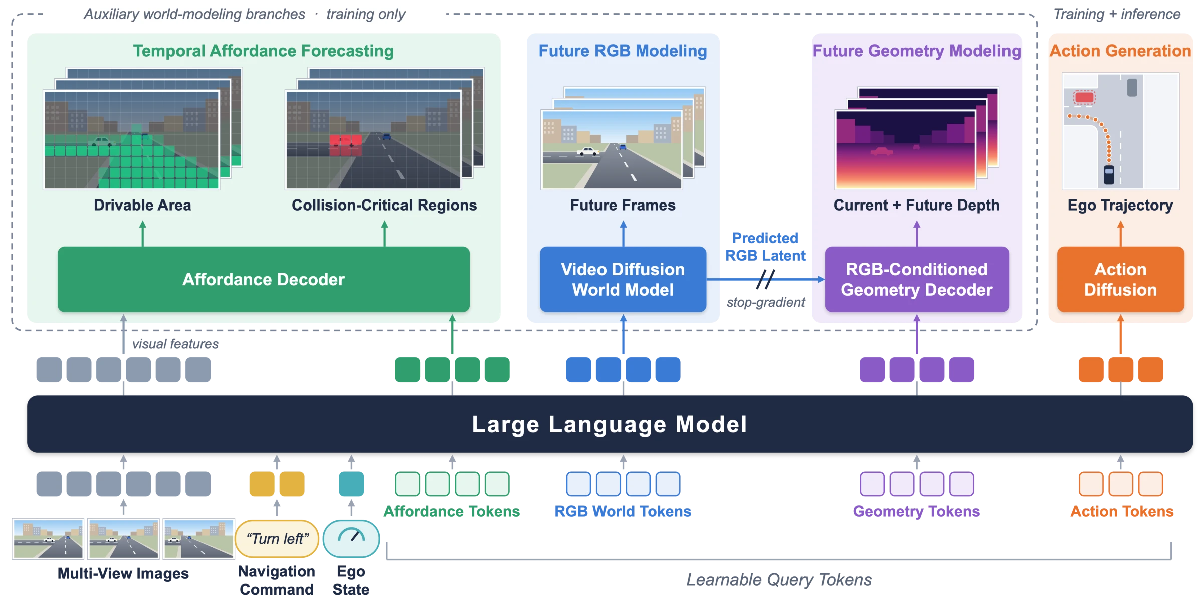 AffordDrive3D framework with a shared VLM backbone and affordance, RGB world, geometry, and action branches.